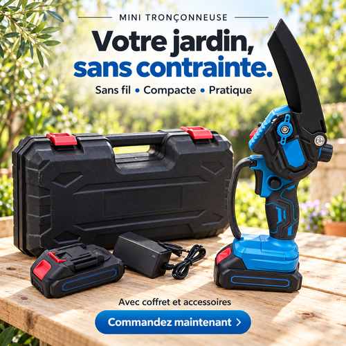 Mini tronçonneuse sans fil bleue compacte avec batterie chargeur et coffret rigide