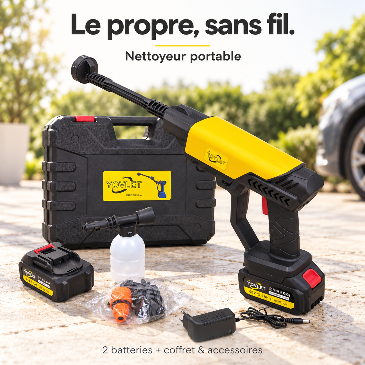 Nettoyeur haute pression portable sans fil YOVLET 48V jaune avec 2 batteries coffret et accessoires