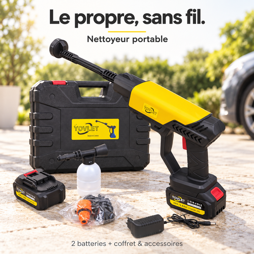 Nettoyeur haute pression portable sans fil YOVLET 48V jaune avec 2 batteries coffret et accessoires
