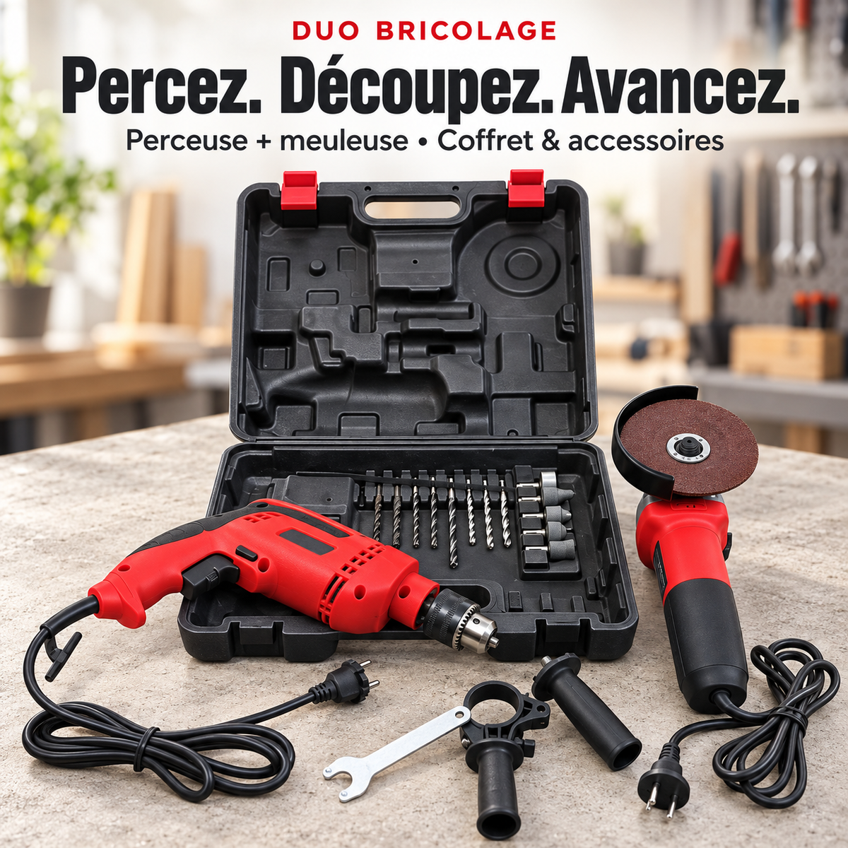 Coffret duo bricolage rouge avec perceuse filaire et meuleuse d'angle