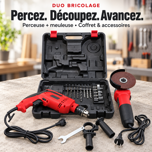 Coffret duo bricolage rouge avec perceuse filaire et meuleuse d'angle