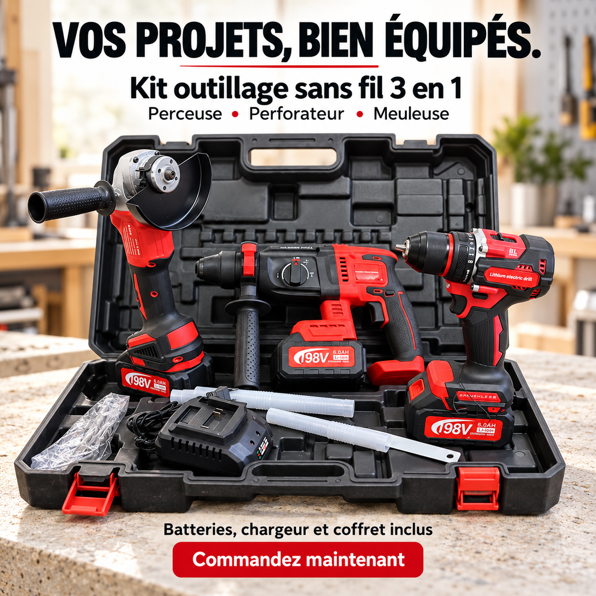 Kit outillage sans fil 3 en 1 rouge 198V avec perceuse perforateur meuleuse batteries et coffret