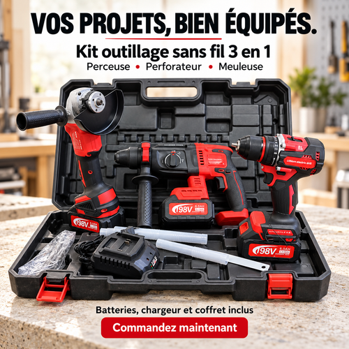 Kit outillage sans fil 3 en 1 rouge 198V avec perceuse perforateur meuleuse batteries et coffret