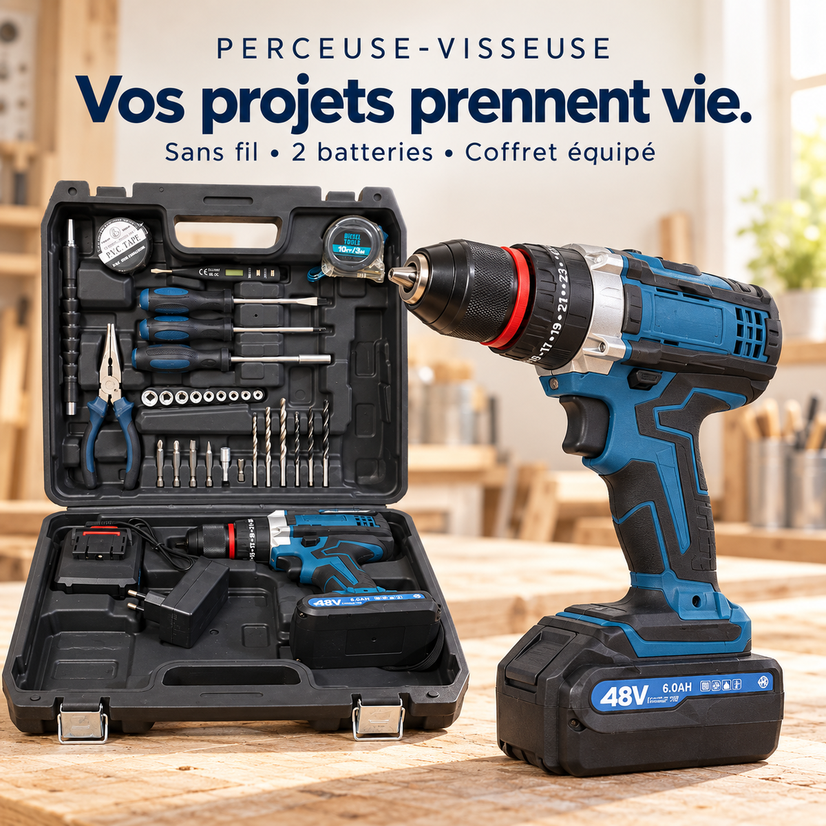 Perceuse-visseuse sans fil 48V avec coffret complet et 2 batteries